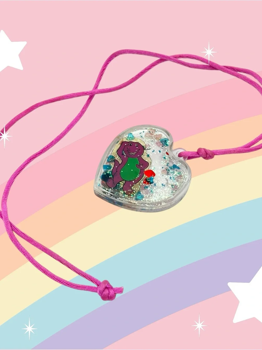 Millennial Kids Barney Dinosaur Glitter Heart Pendant Necklace Nostalgic Y2K PBS